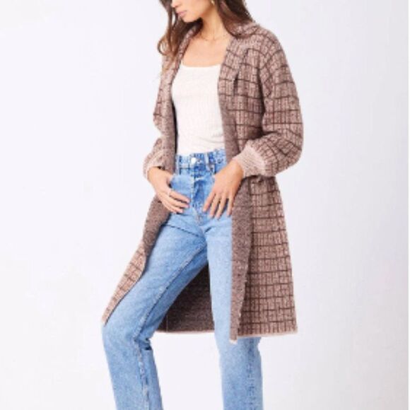 Saltwater Luxe Tan Brown Plaid Neutral Lorelei Long Duster Cardigan Jacket Small - Picture 2 of 6